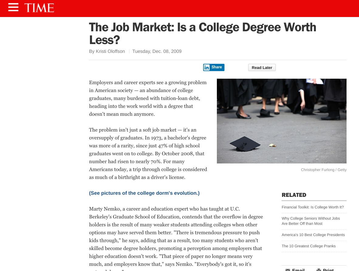 TIME: The Job Market: Is a College Degree Worth Less?