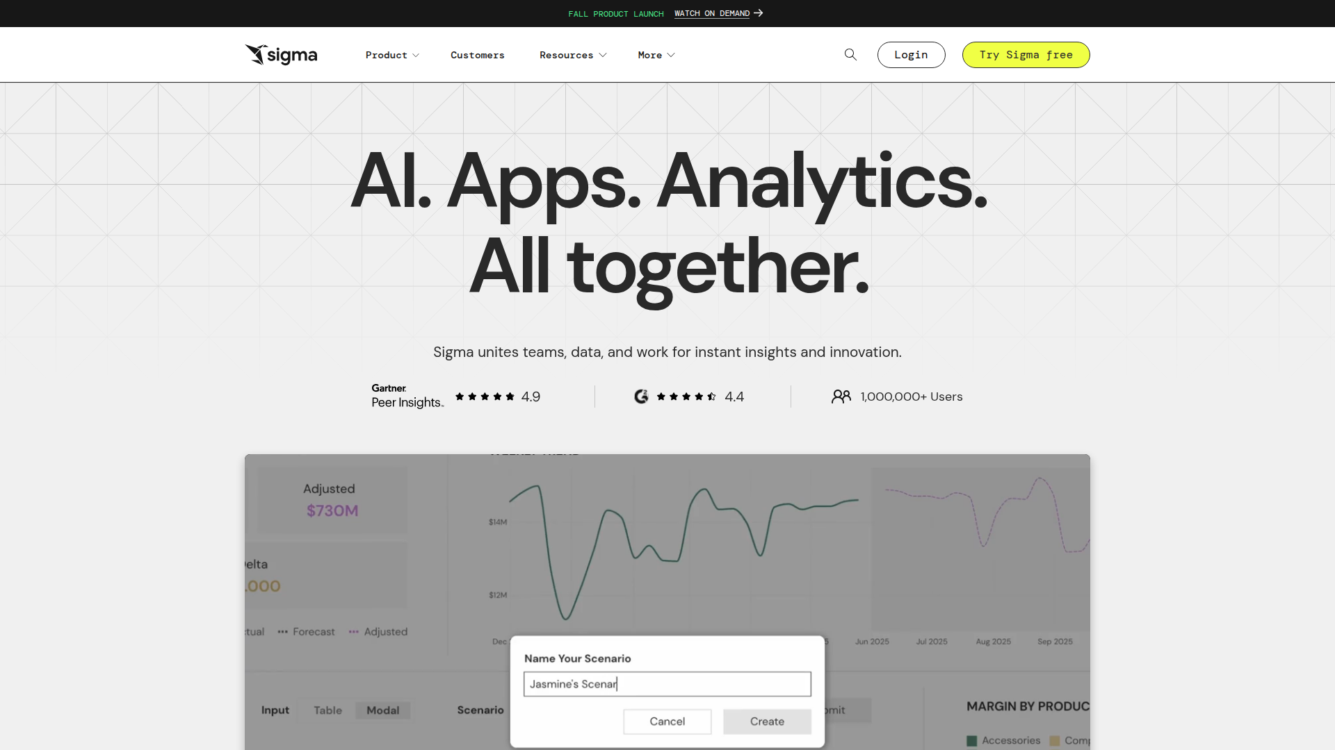 Sigma website: AI. Apps. Analytics. All together.