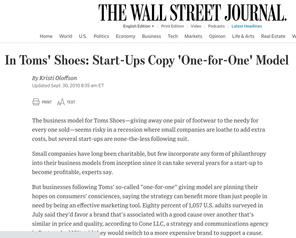 The Wall Street Journal: In Toms' Shoes: Start-Ups Copy 'One-for-One' Model