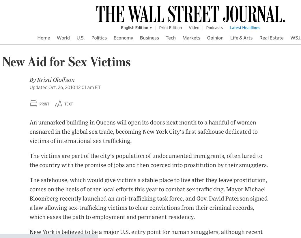 The Wall Street Journal: New Aid for Sex Victims